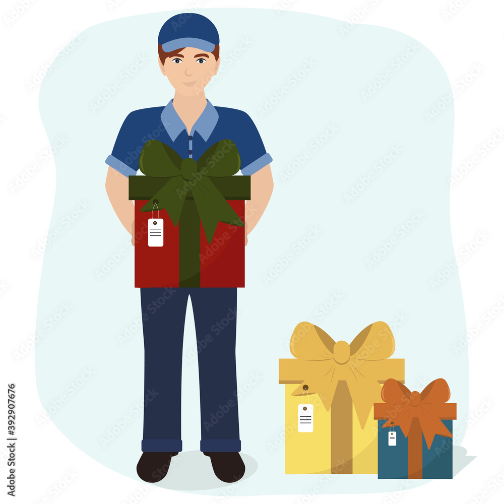 Delivery man with gift boxes. Delivery service vector illustration. Delivery man with gift boxes. Delivery service vector illustration.
