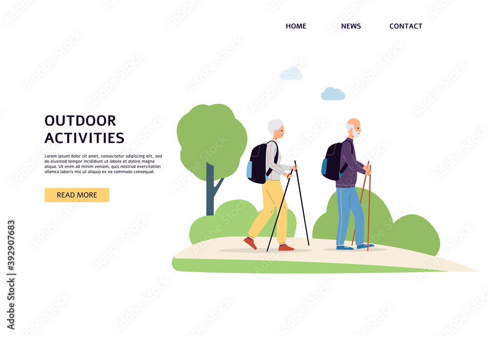 Outdoor activities for elderly people website banner flat vector illustration.