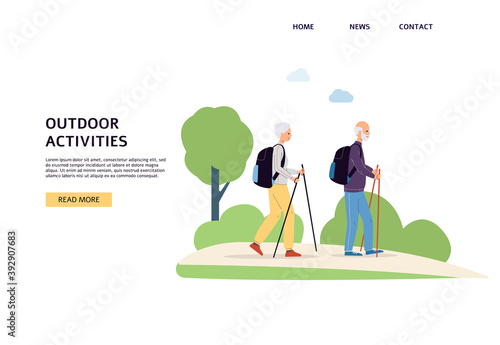 Outdoor activities for elderly people website banner flat vector illustration.