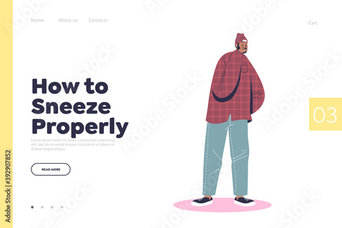 Sneeze properly concept of landing page with cartoon man coughing and cover face with hand