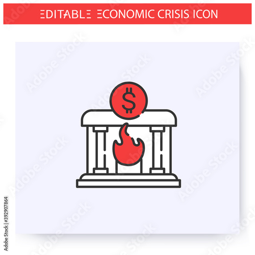 Banking crisis line icon. Financial recession, bankruptcy. Dollar sign and burning bank. Economical crash, global financial and economic downturn. Isolated vector illustration. Editable stroke 