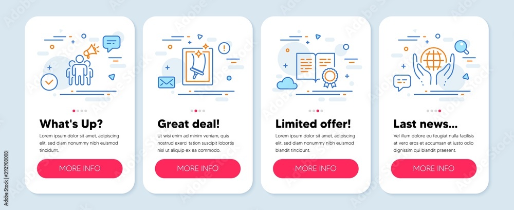Set of Business icons, such as Window cleaning, Certificate, Brand ambassador symbols. Mobile app mockup banners. Organic tested line icons. Housekeeping service, Certified file, Megaphone. Vector