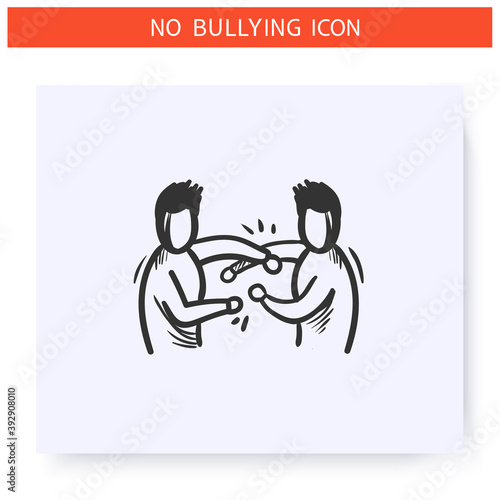 Fighting icon. Physical bullying. Outline sketch drawing.Two men fight. Martial art. Aggressive behaviour, violence or harassment. Discrimination, pressure, social issue. Isolated vector illustration 