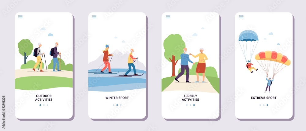 Onboarding pages of app for elderly people activity flat vector illustration.