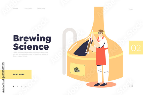 Brewing science landing page concept with man producing beer at brewery factory