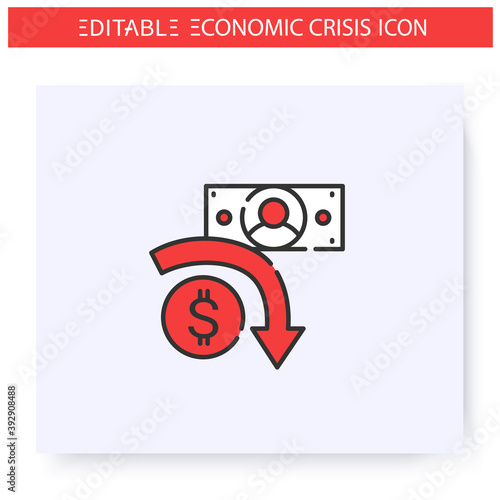 Financial crisis line icon. Financial recession, bankruptcy. Downfall arrow and dollar sign. Economical crash, global financial and economic downturn. Isolated vector illustration. Editable stroke 