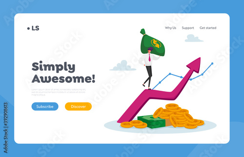 Income Growth Landing Page Template. Business Man in Formal Clothing with Money Sack Climbing on Huge Growing Arrow