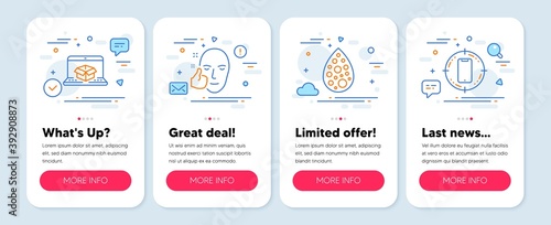 Set of Business icons, such as Healthy face, Artificial colors, Online delivery symbols. Mobile screen mockup banners. Smartphone target line icons. Vector