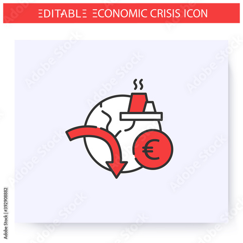 World market collapse line icon. Demand decrease. Recession arrow and globe. Economical crash and depression, global financial fall, economic downturn. Isolated vector illustration. Editable stroke 