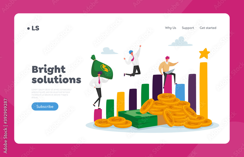Profitable Investments Landing Page Template. Joyful Business Men Characters at Huge Growing Column Graph with Money