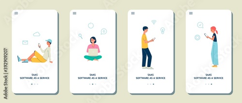 Set of mobile pages for SaaS services app flat vector illustration isolated.