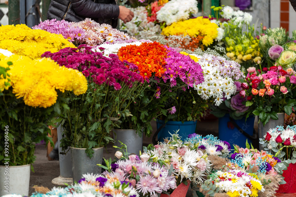 Colourful bouquet of blooming flowers in outdoor market, Tbilisi