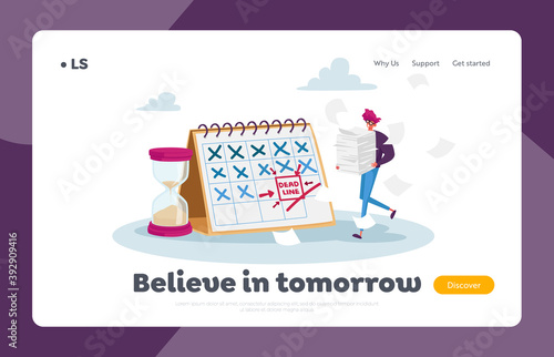 Deadline Landing Page Template. Tiny Stressed Businessman Character with Documents Pile at Huge Calendar Make Paperwork