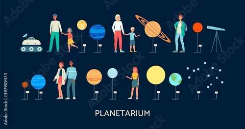 Planetarium banner template with people flat vector illustration isolated.