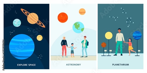 A set of vector posters with people visiting the planetarium.