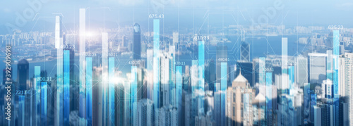 Financial graph diagram trading investment business intelligence concept website panoramic header double exposure modern city view. © Funtap