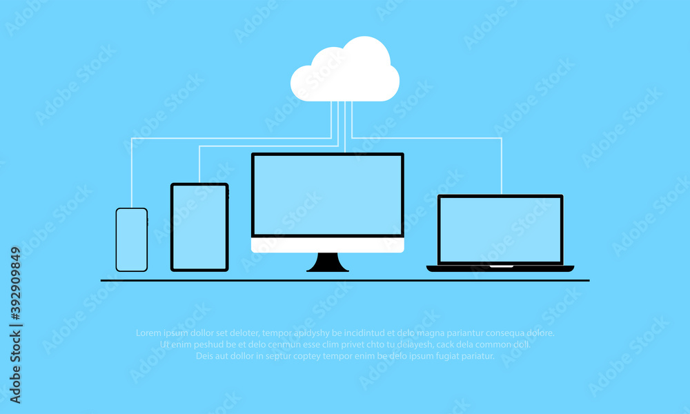 Cloud computing security concept with computer, laptop, table and smartphone, data protection, vector flat illustration. Cloud computing security concept with computer, laptop, table and smartphone, data protection, vector flat illustration.