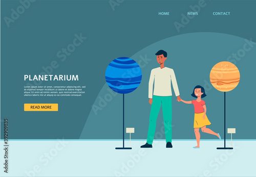 Planetarium site with people visiting exhibition flat vector illustration.