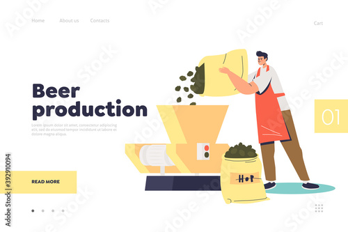 Beer production concept of landing page: professional brewer adding hop to produce brewing beer