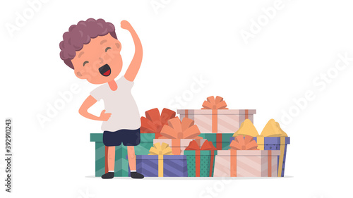 A happy child and a lot of gifts. Happy little boy and a bunch of gift boxes. Isolated. Vector.