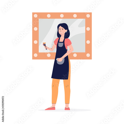 Woman makeup artist in front of mirror, flat vector illustration isolated.