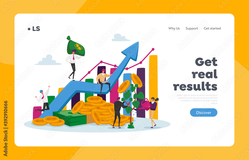 Income Growth Landing Page Template. Businesspeople Characters Cooperation. Team of Businesspeople Climbing Grow Arrow