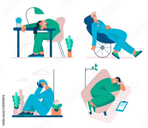 Tired overworked doctors, nurses, paramedics, vector flat isolated illustration. Exhausted Healthcare workers. Coronavirus pandemic, Covid-19 quarantine