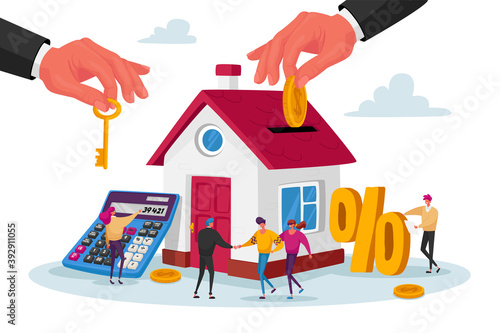 Mortgage and Home Buying Concept. Tiny Male and Female Characters at Huge Cottage House with Human Hand put Golden Coin