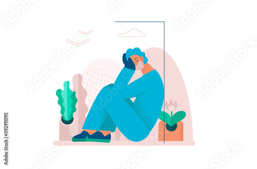 Tired overworked doctor or nurses sitting on the windowsill. Exhausted Healthcare worker. Coronavirus pandemic, Covid-19 quarantine.