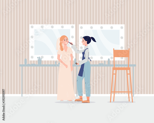 Makeup artist in salon doing wedding maquillage flat vector illustration.
