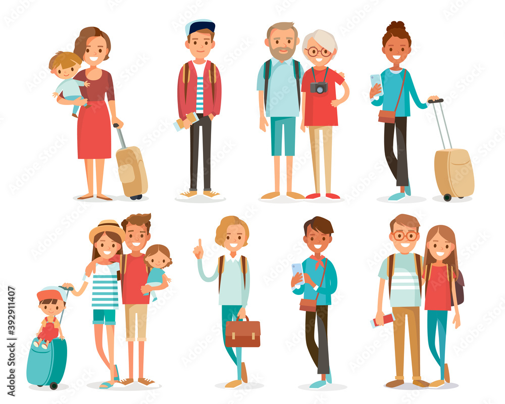 Big set group of diverse flat cartoon vector characters people couples, mom with kids in different poses standing together isolated on white background.Crowd people. Casualy looking dressed men women.