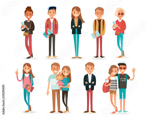 Big set group of diverse flat cartoon vector characters people couples, mom with kids in different poses standing together isolated on white background.Crowd people. Casualy looking dressed men women.