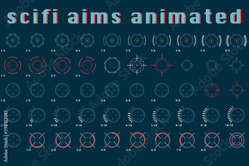 ANIMATED SCIFI target aim crosshair collection. Creative vector illustration of isolated bullseyes, target icon set, animation frames of AIMING, FOCUSING, SHOOTING and LOADING. Shooter assets.