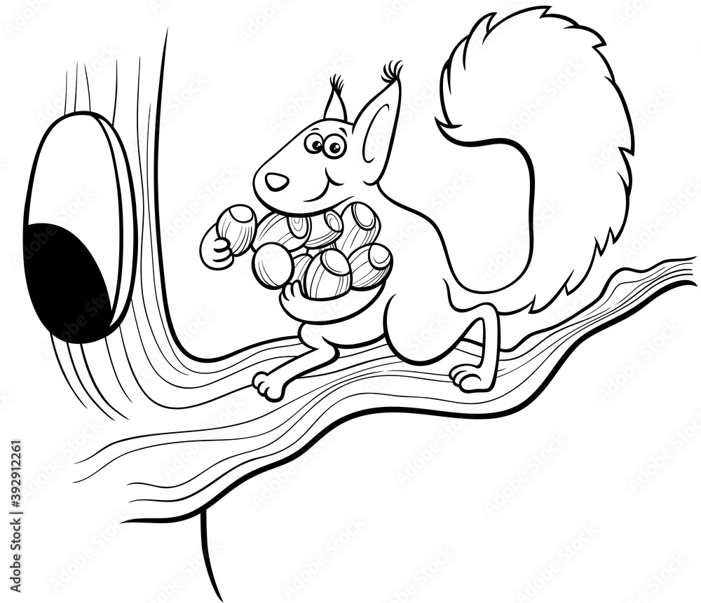 cartoon squirrel carrying acotns to the hollow coloring book page cartoon squirrel carrying acotns to the hollow coloring book page