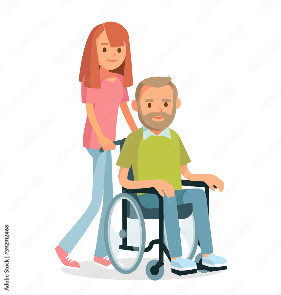 Young woman girl granddaughter strolling wheelchair with sick or disabled senior man grandfather, nursing care for disabled diseased people concept Young woman girl granddaughter strolling wheelchair with sick or disabled senior man grandfather, nursing care for disabled diseased people concept