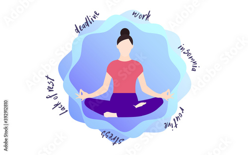Meditation Colorful vector illustration in flat design Woman in lotus pose is sitting in mental protective field with many stress factors around her