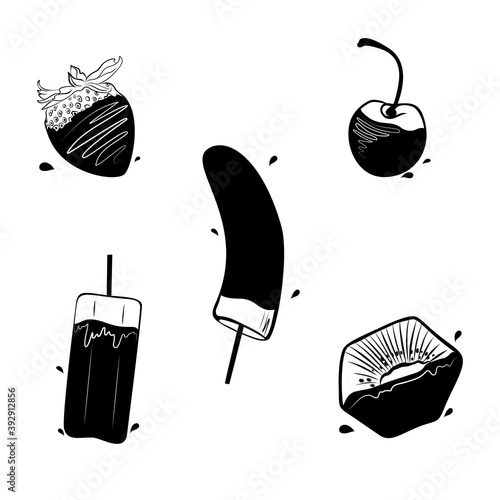 Fruit in chocolate Vector illustration in hand-drawn style Set of five monochrome icons with berries, kiwi and banana dipped into dark chocolate