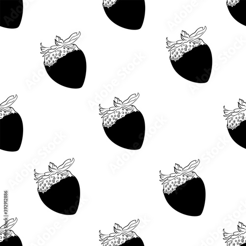 Seamless pattern Strawberry in chocolate Line drawing Dark chocolate dipped berries on white background