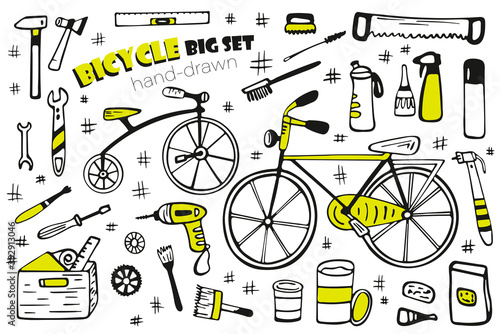 Bicycle repair tools and accessories big set. Two beautiful bicycles hand-drawn isolated on a white background. Vector illustration
