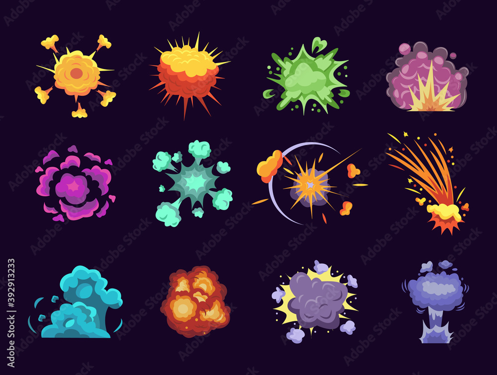 Bomb explosion effects set with smoke flat vector illustration isolated