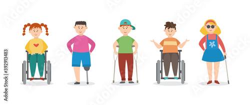 Injured children with crutches and bandages flat vector illustration isolated.