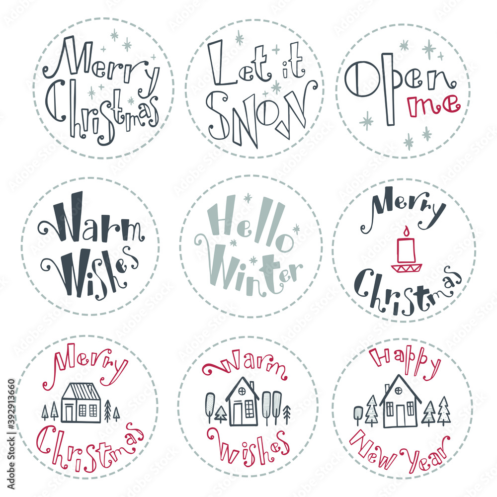 Obraz premium Christmas tags with inscription and hand drawn design elements. Set of christmas stickers. Happy New Year. Warm wishes. Hello winter. Merry Christmas.