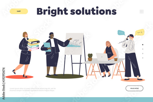 Bright solutions concept of landing page with successful businesswomen team