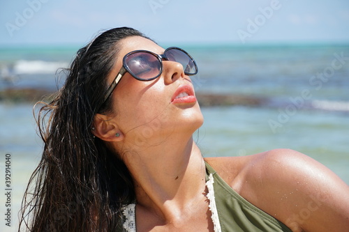 playa del carmen, quintana roo, yucatan, caraibi, caribbean, woman, swimsuit, sky, bathsuit, bikini, green, tanned, mexico photo