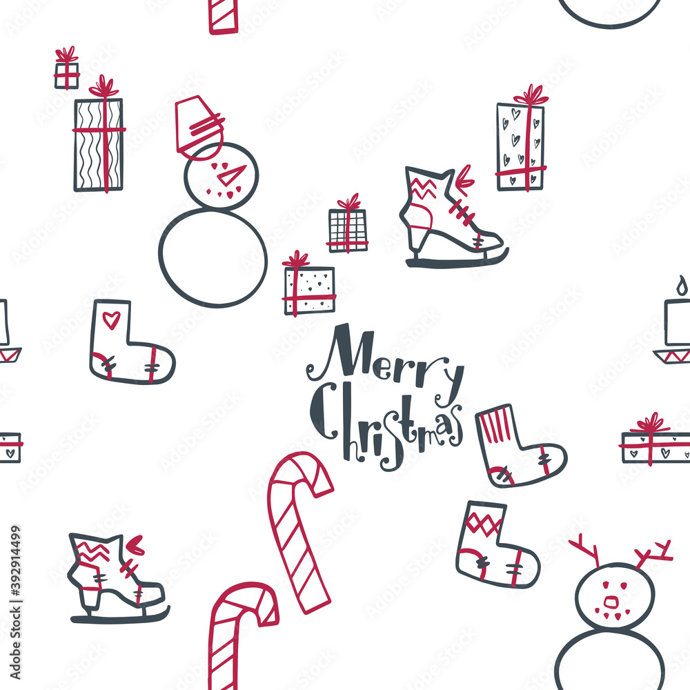 Obraz Winter christmas elements pattern. Snowman, candles, warm socks, ice skates and lollipops. Illustration in a Scandinavian, minimalistic style.