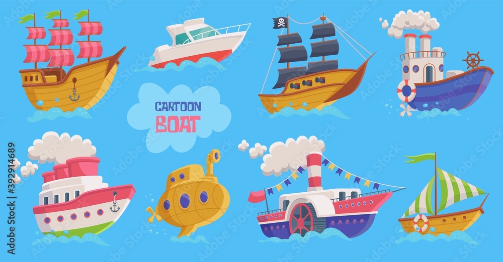 Set of childrens cartoon boats and submarines flat vector illustration isolated. Set of childrens cartoon boats and submarines flat vector illustration isolated.