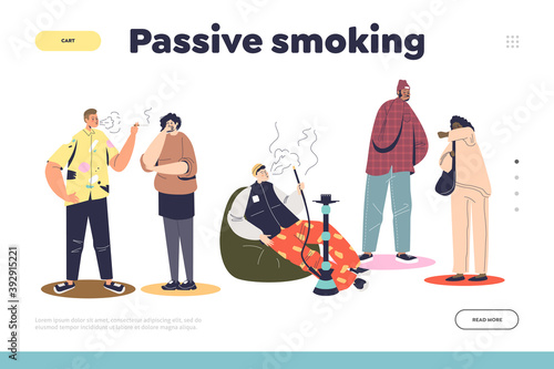 Passive smoking concept of landing page with people standing near men with hookah and cigarette