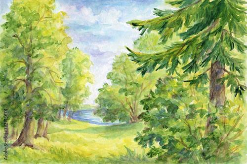 Summer watercolor landscape - forest glade and lake