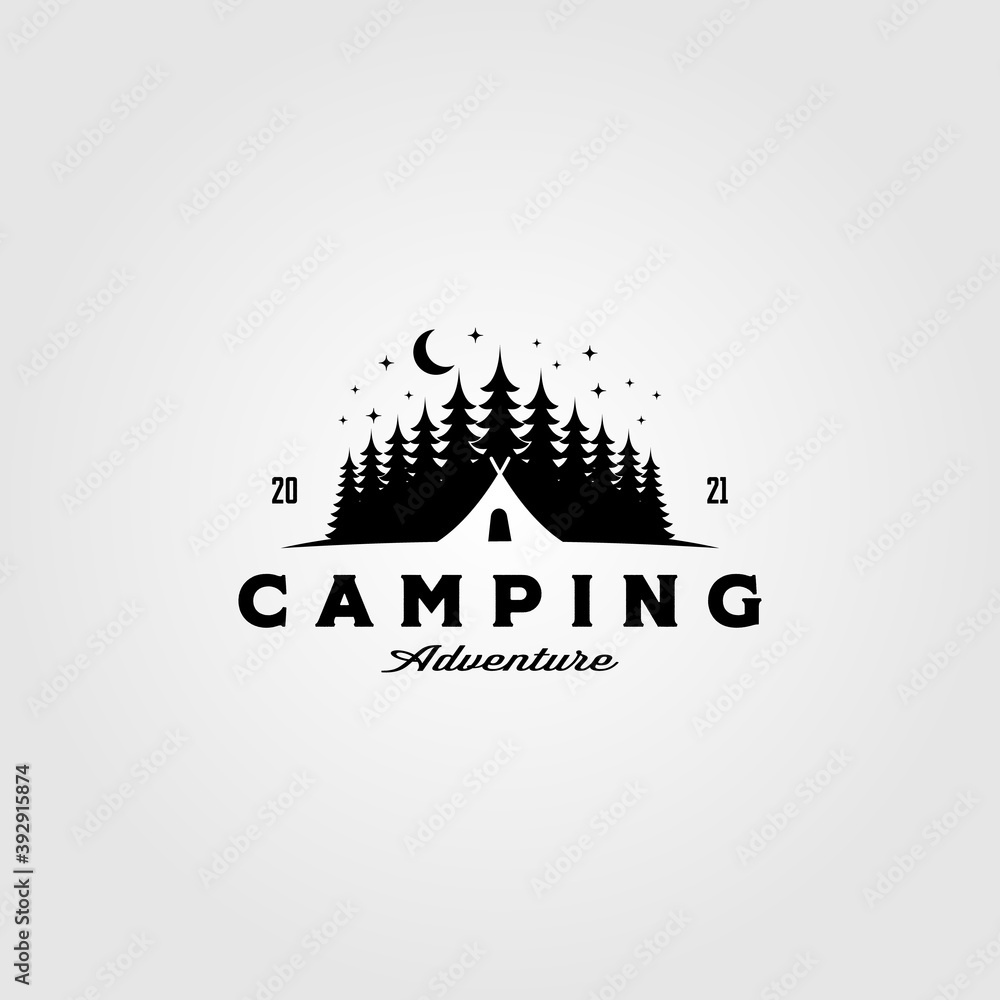 camp tent logo in pine tree vintage vector illustration design