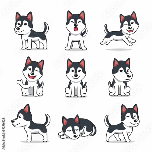 Cartoon character set of Siberian husky dog for design.